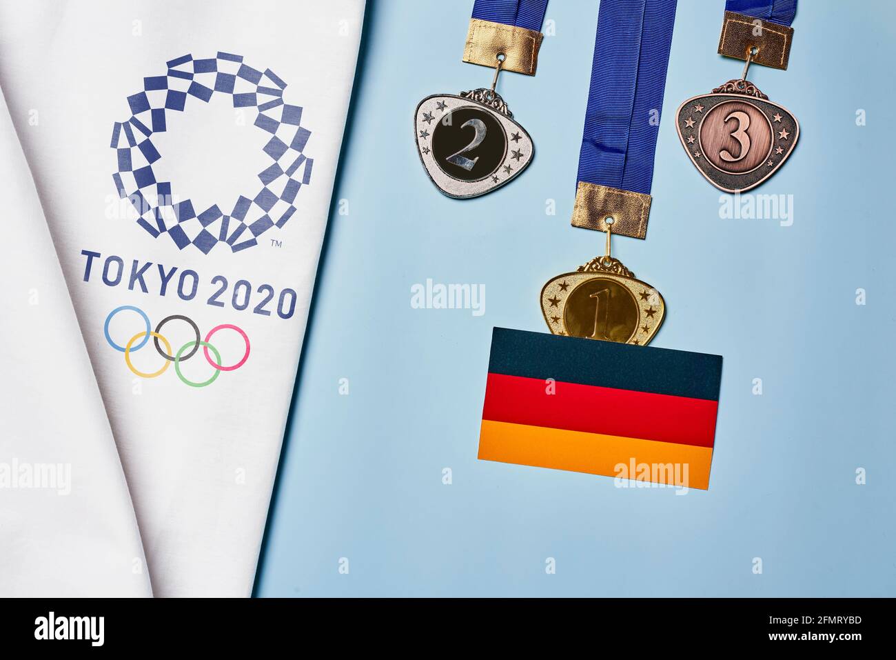 Tashkent, Uzbekistan March 4, 2021 2020 Summer Olympic Games logo on white towel and Golden