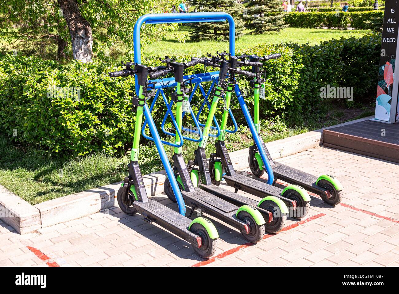 Samara, Russia May 8, 2021 Electric scooter rental station at the