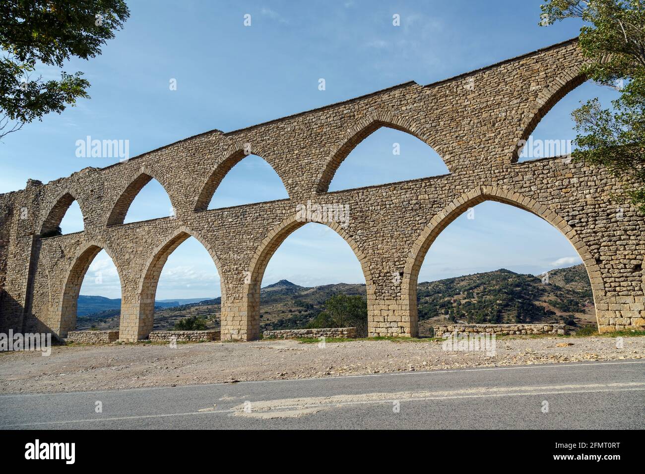 Morella aqueduct in Castellon Maestrazgo at Spain blue sky Stock Photo