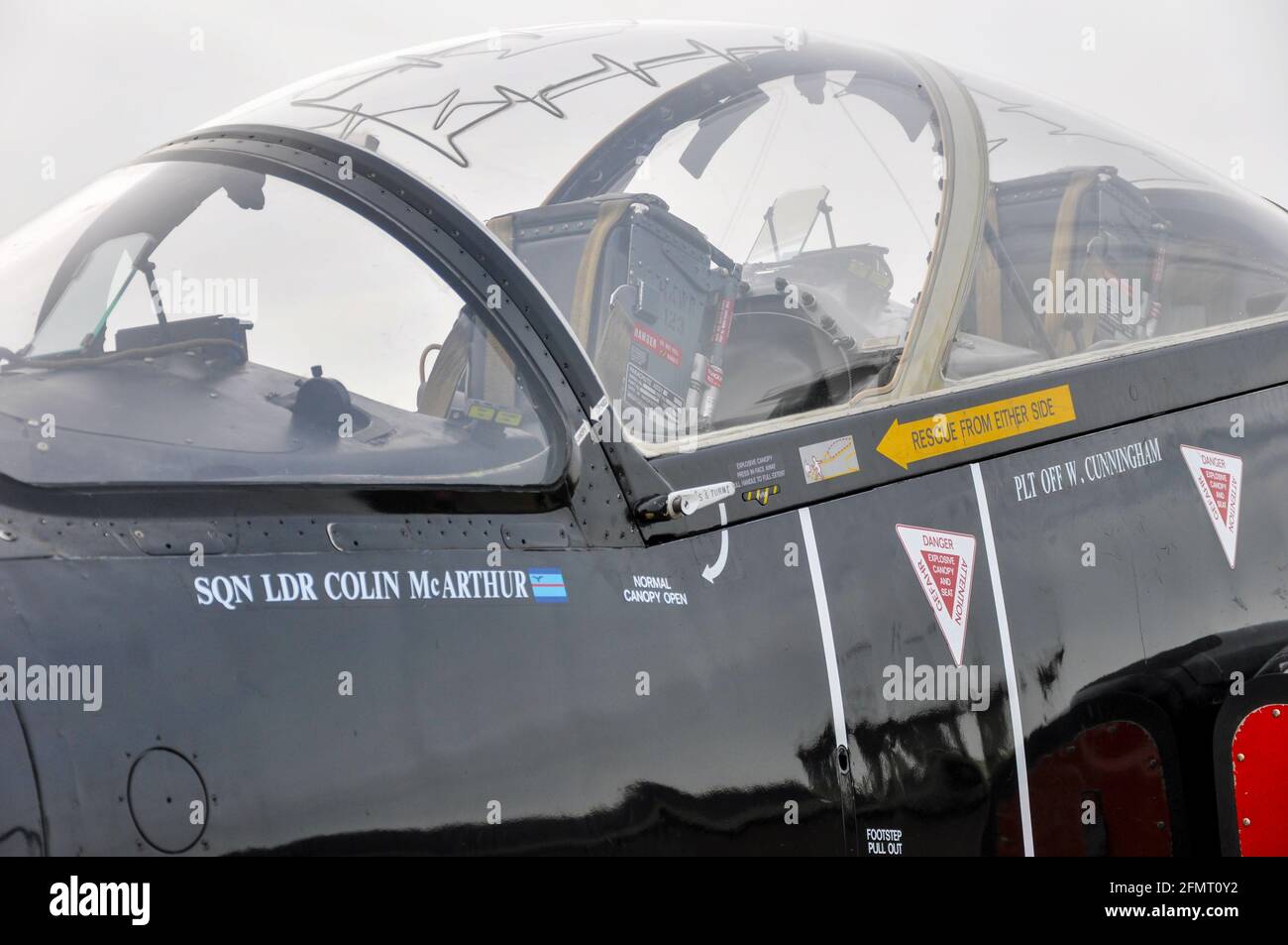 Names of Sqn Ldr Colin McArthur and Plt Off W Cunningham on the cockpit of Royal Air Force BAe Hawk T1 XX349 of 29(R) Squadron. 95th anniversary Stock Photo