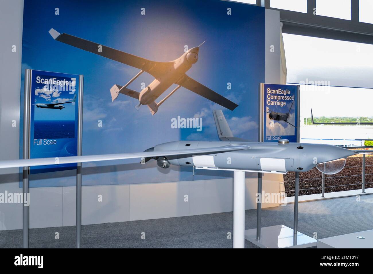 Boeing ScanEagle UAV on show at Farnborough International Airshow 2010, UK. Boeing Insitu ScanEagle small, low-altitude unmanned aerial vehicle (UAV) Stock Photo