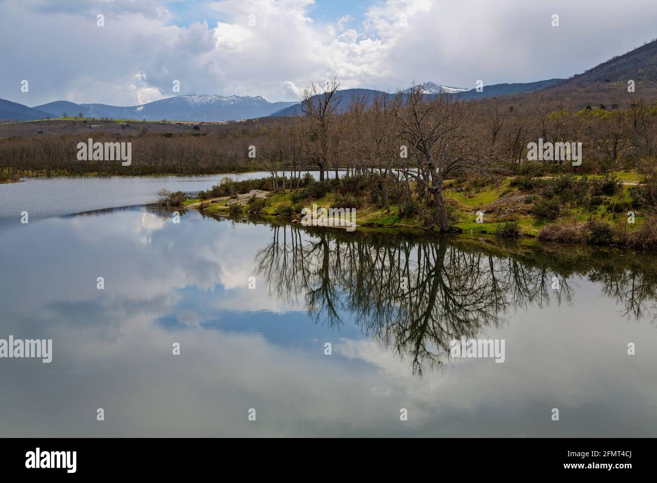 Reservoir of the Pontoon at the foot of the mountain Penalara, in the Farm of San Ildefonso. Segovia Spain Stock Photo