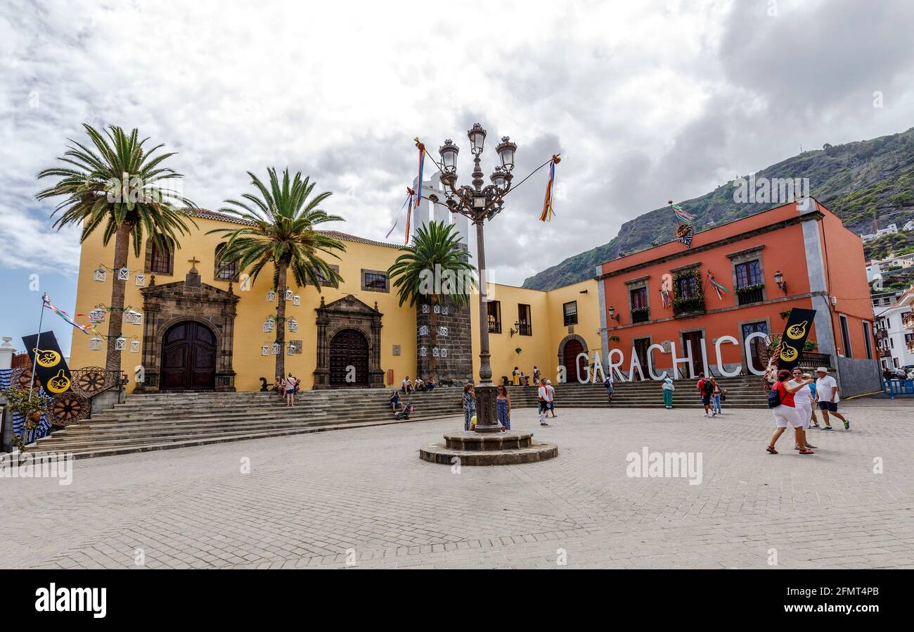 Garachico, Spain - August 16, 2015: Main square in Garachico with monastery of San Francisco, Tenerife, Spain Stock Photo