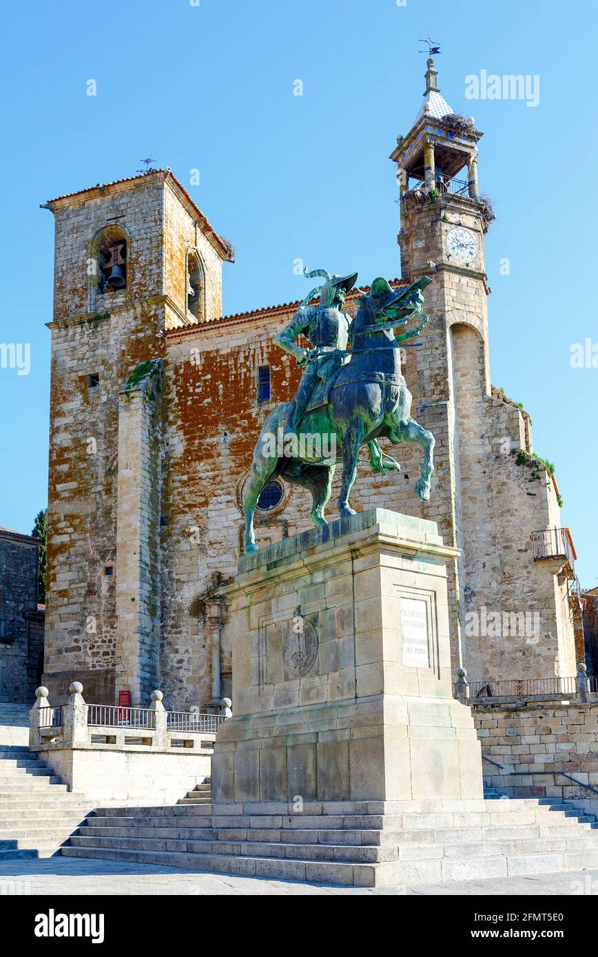 Equestrian statue of Francisco Pizarro (conqueror of Peru) in Trujillo main square, province of Caceres, Spain Stock Photo