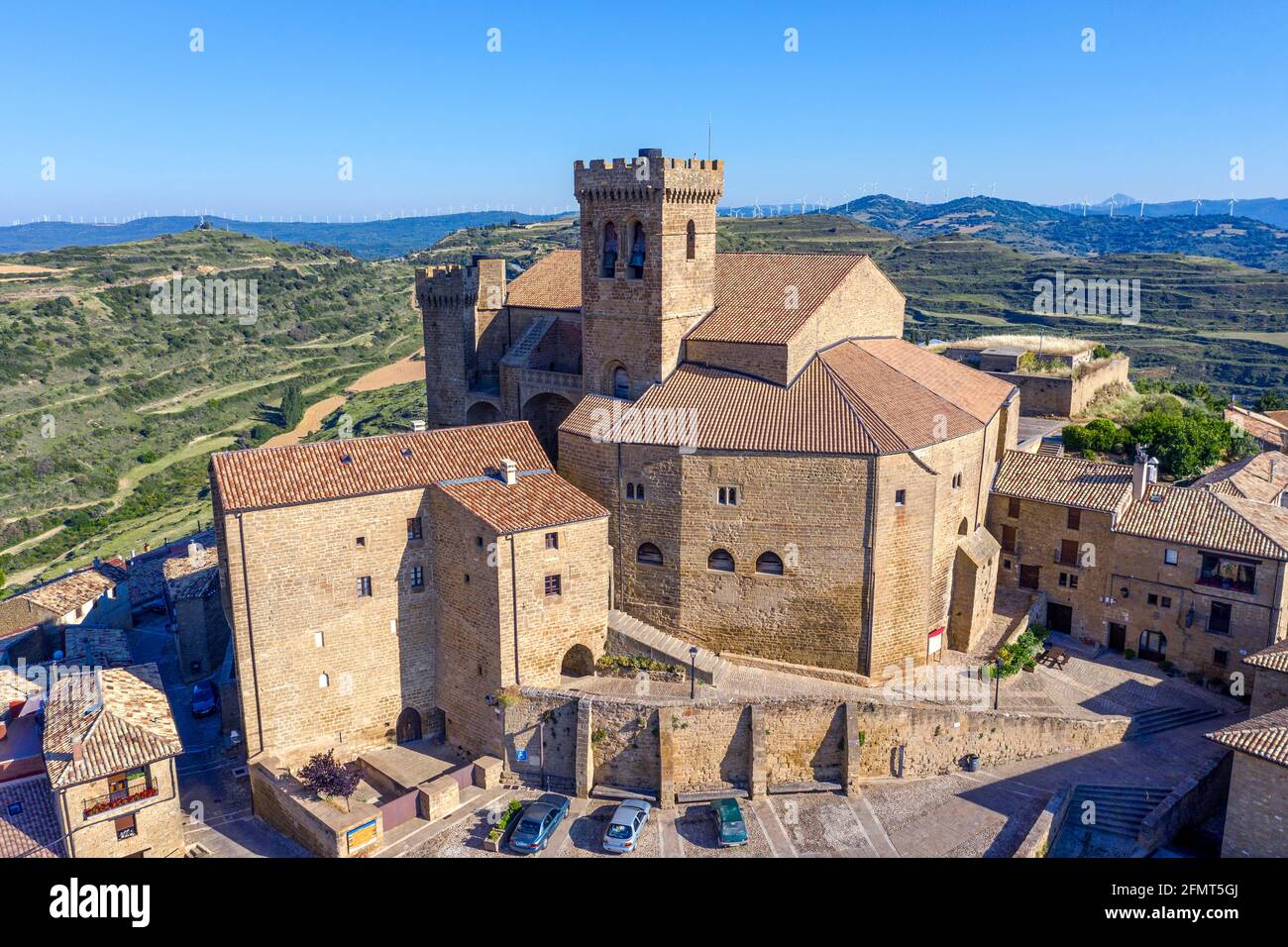 Spanish town Ujue (Uxue in Basque) and its 12th century fortified church in Navarre, Spain Stock Photo