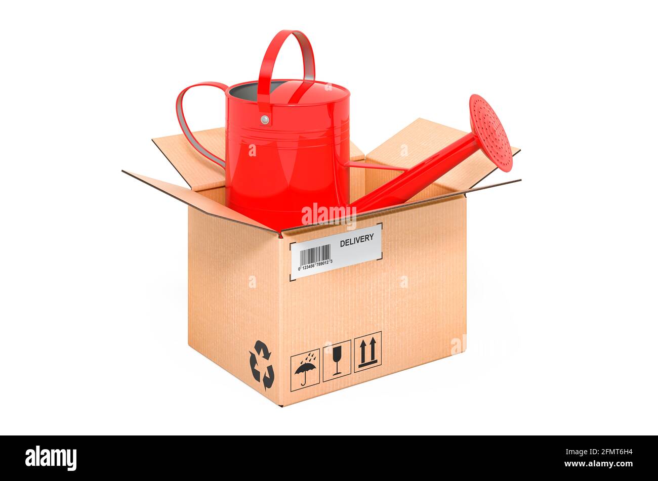 Watering can inside cardboard box, delivery concept. 3D rendering