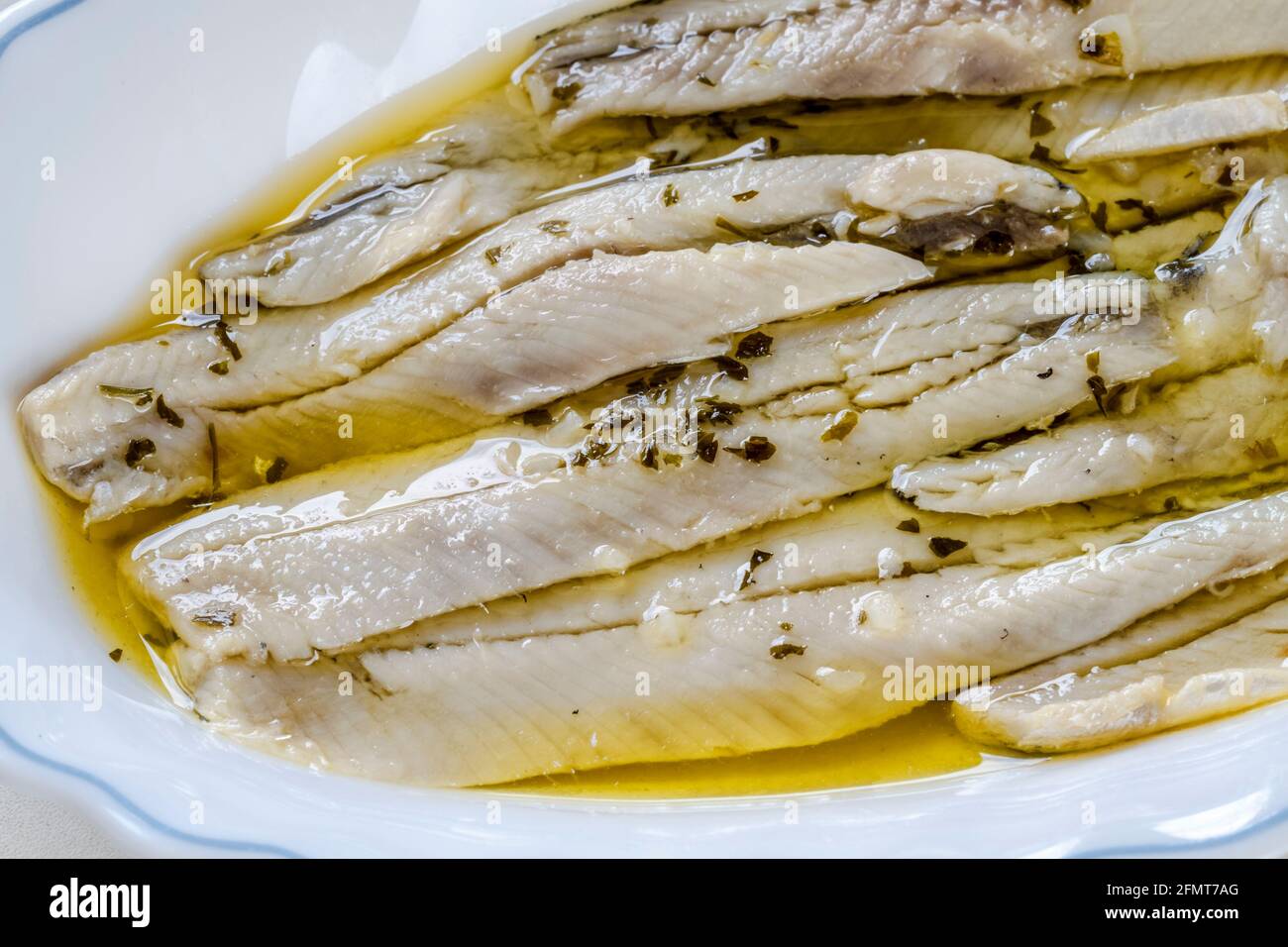 a pile of anchovies in vinegar isolated on a white background Stock