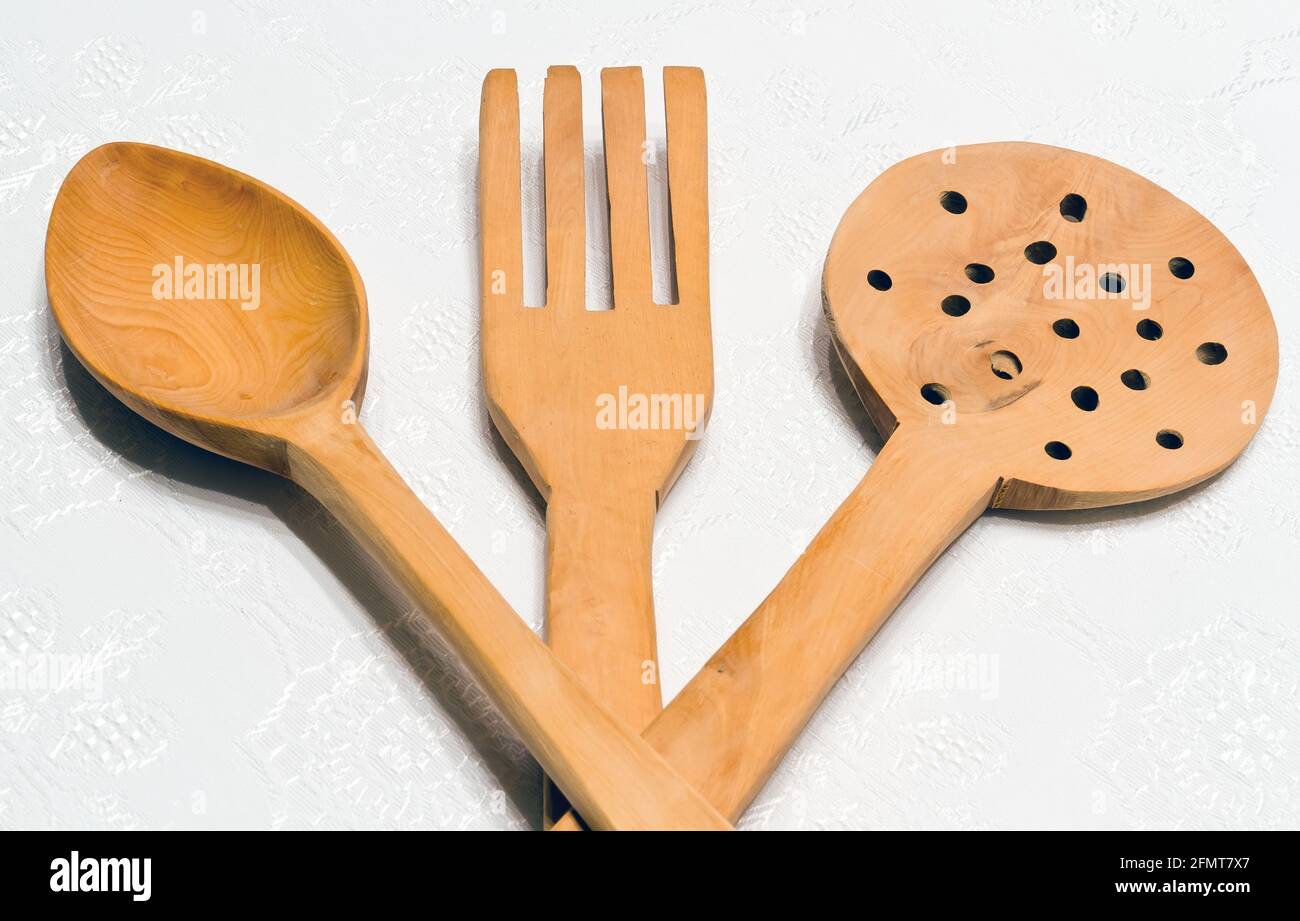 Wooden kitchen utensils set, isolated on white Stock Photo - Alamy