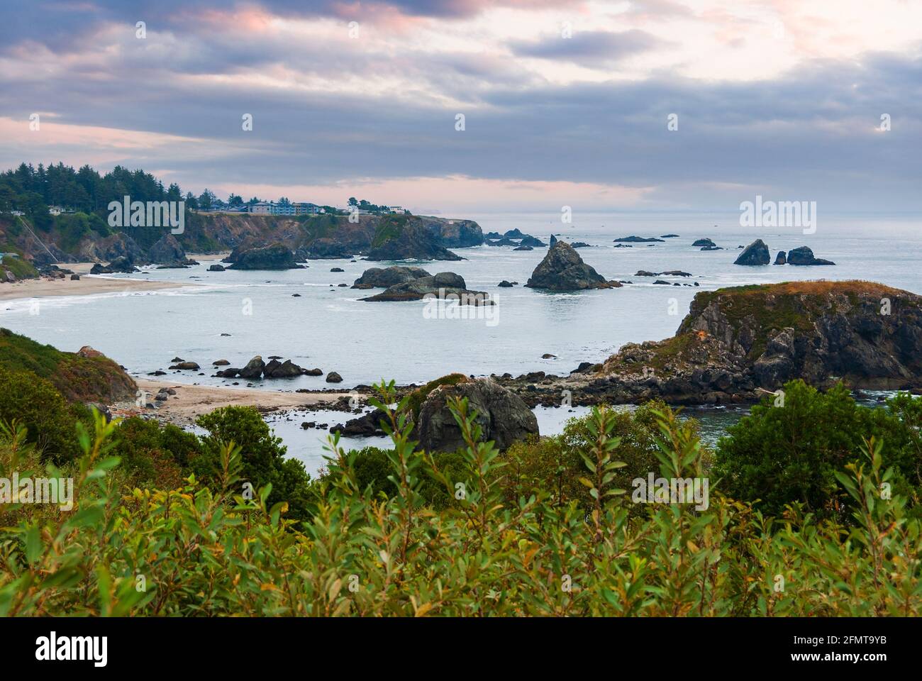 Inlet of Harris Beach State park on highway 101 just north of  Brookings, Oregon, with many large rock formations called sea stacks. USA Stock Photo