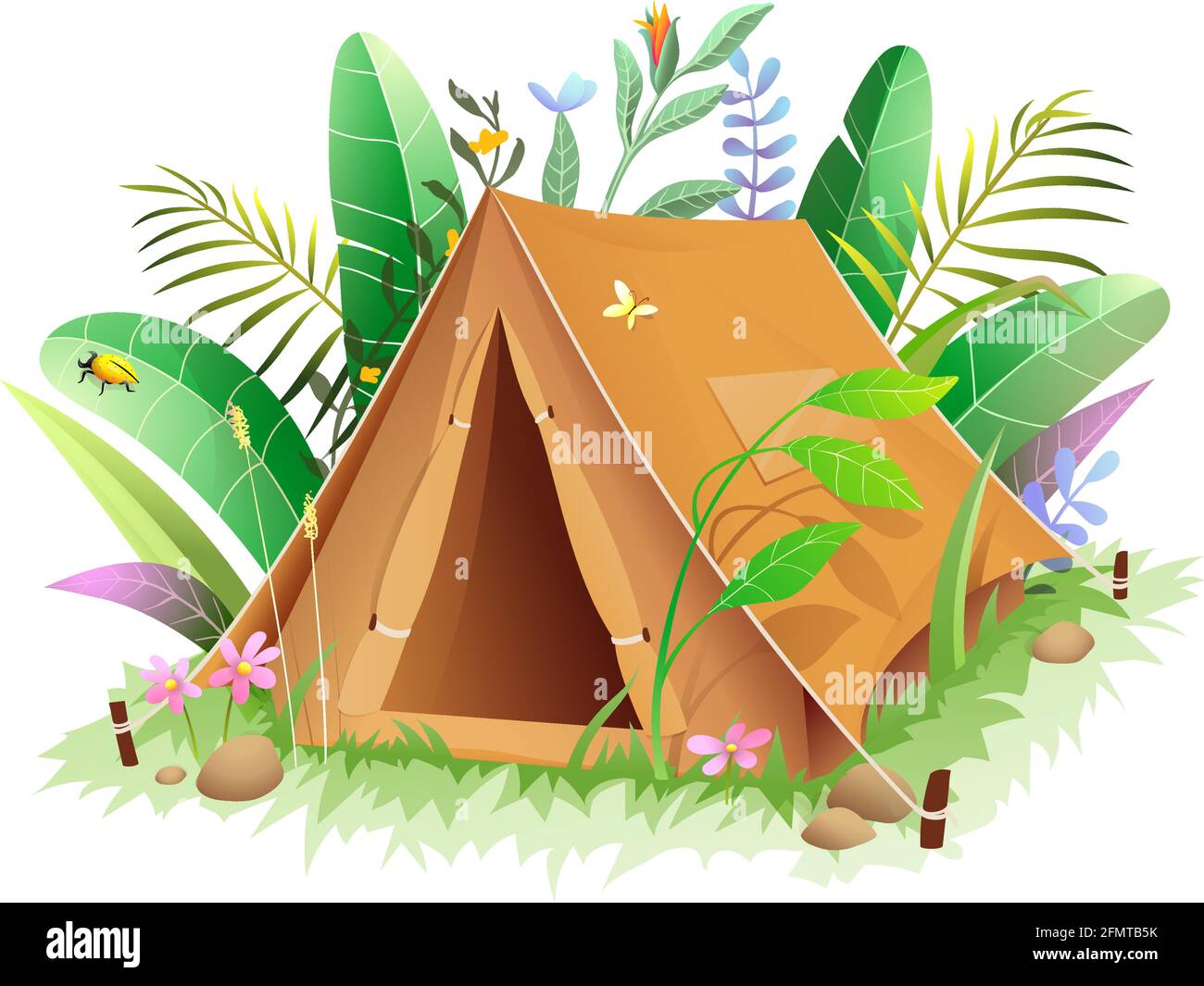 Tent Icon in Jungle or Forest in Green Leaves Stock Vector