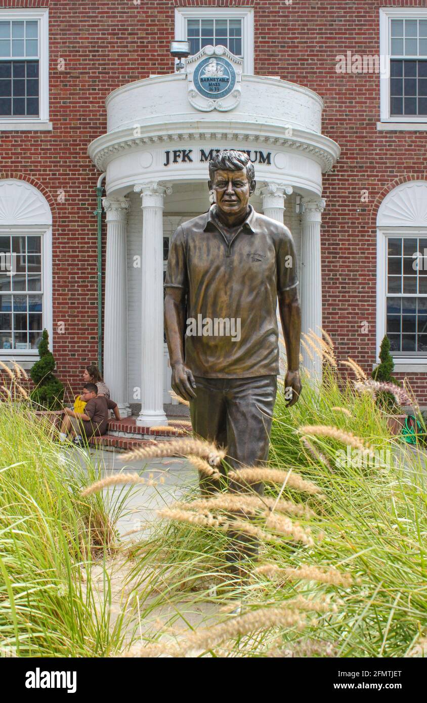 Statue and entrance of the John F. Kennedy Museum that preserves his legacy on Cape Cod in Hyannis MA USA Aug 5 2011 Stock Photo