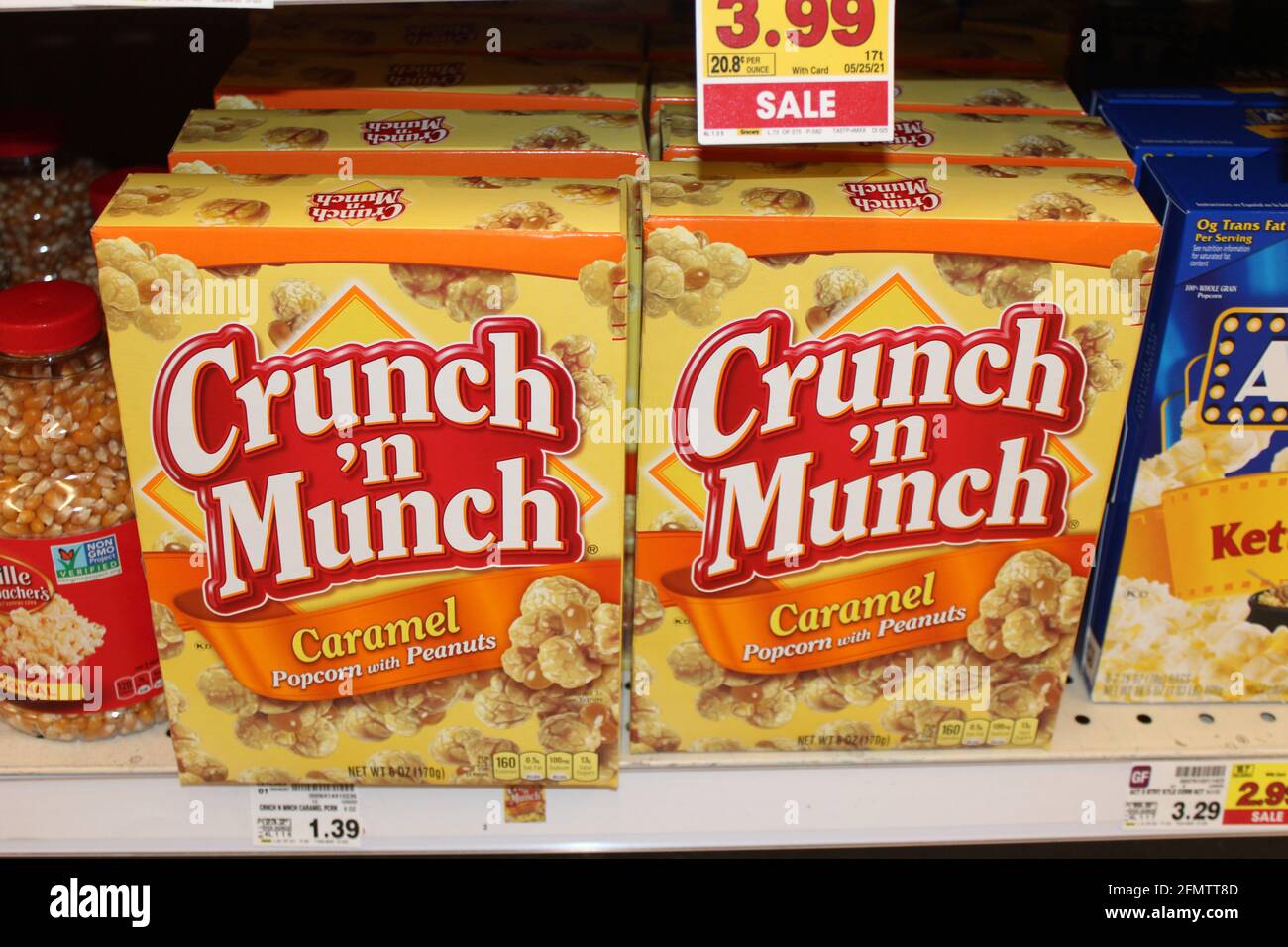 Crunch N Munch on a metal shelf shot closeup that's bright and colorful in Kansas. Stock Photo