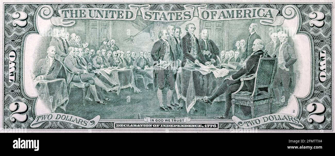 Reproduction of the work The Declaration of Independence of John Trumbull. reverse side of two US dollar bill. Stock Photo