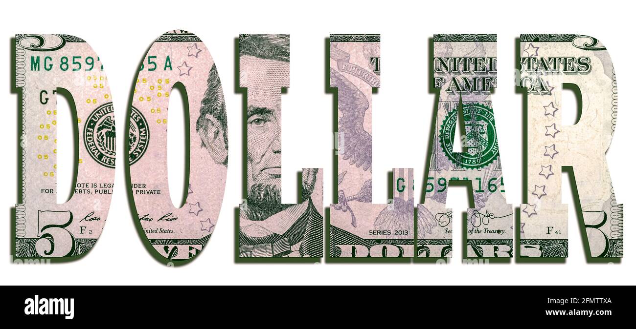 Dollar word made with letters and background 5 USD bill rendering, Isolated white background Stock Photo