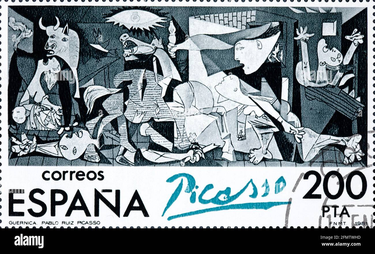 SPAIN - CIRCA 1981: Stamp printed in Spain shows painting by Pablo Picasso Guernica Stock Photo