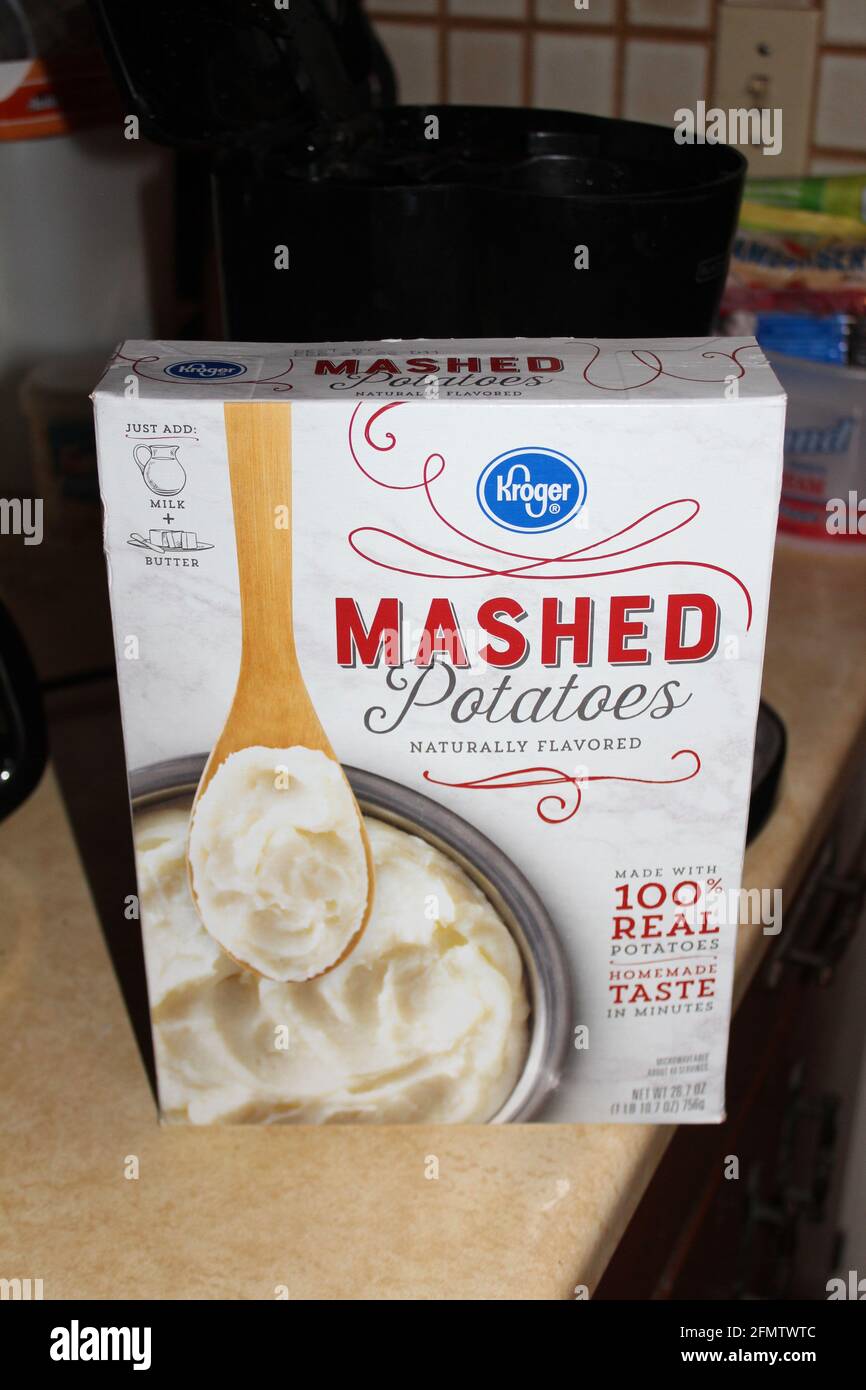 Kroger Instant Mashed potatoes shot closeup on a brown counter top that