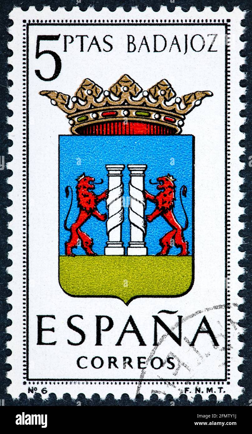 SPAIN - CIRCA 1962: A stamp printed in Spain dedicated to Arms of  Provincial Capitals shows Badajoz Stock Photo - Alamy