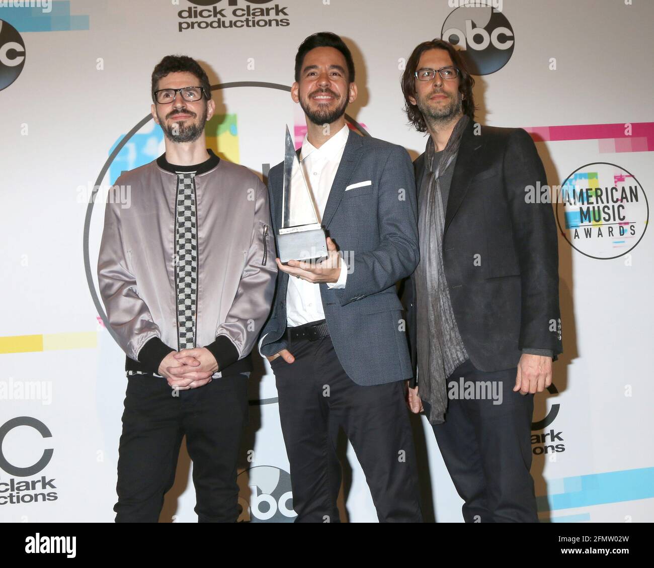 LOS ANGELES - NOV 19:  Brad Delson, Mike Shinoda, Rob Bourdon, Linkin Park at the American Music Awards 2017 at Microsoft Theater on November 19, 2017 in Los Angeles, CA Stock Photo