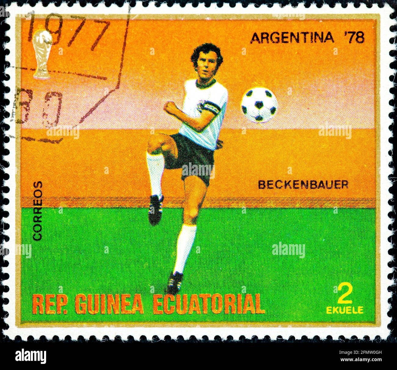 EQUATORIAL GUINEA - CIRCA 1977: A stamp printed in Equatorial Guinea from the ' Football World Cup, Argentina 1978' issue shows Beckenbauer, circa 197 Stock Photo