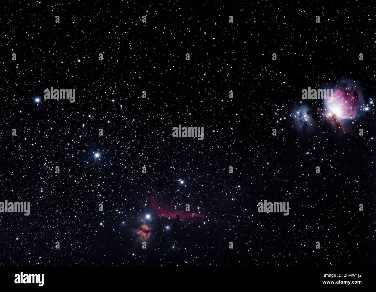 Orions Belt. Asterism consisting of the three bright stars Alnitak, Alnilam and Mintaka. Also visible are the Orion, Horsehead, and Flame nebulae Stock Photo