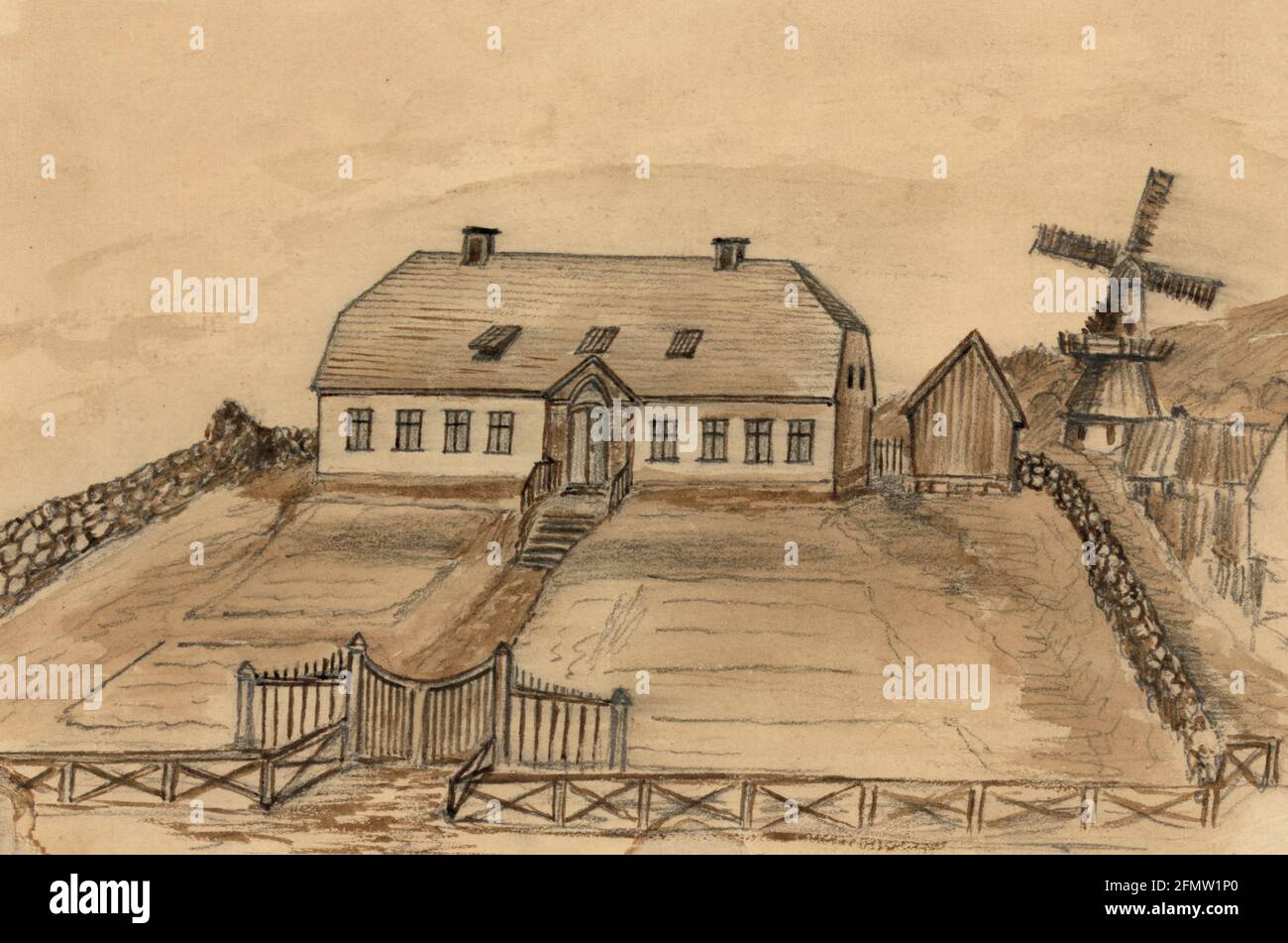 Governor's residence Reykjavik -  Drawing shows a large two-story house surrounded by a stone wall, the residence of the Governor of Iceland in the capitol city, Reykjavk. Bayard Taylor visited Iceland in 1862, perhaps en route to Russia Stock Photo