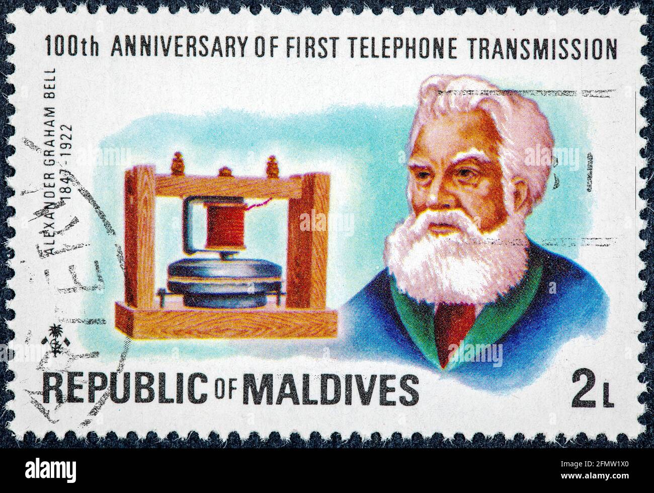 REPUBLIC OF MALDIVES - CIRCA 1998: A stamp printed in Maldives  shows Alexander Graham Bell Stock Photo