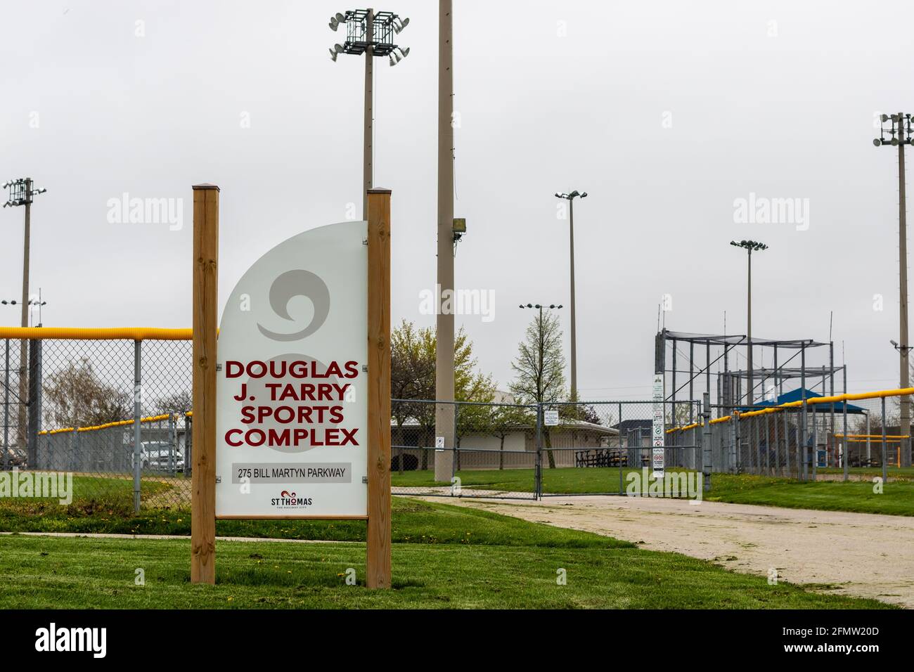 Douglas J. Tarry Sports Complex in St. Thomas, Ontario, Canada, on May 4 2021. Public baseball diamonds and soccer fields. Stock Photo
