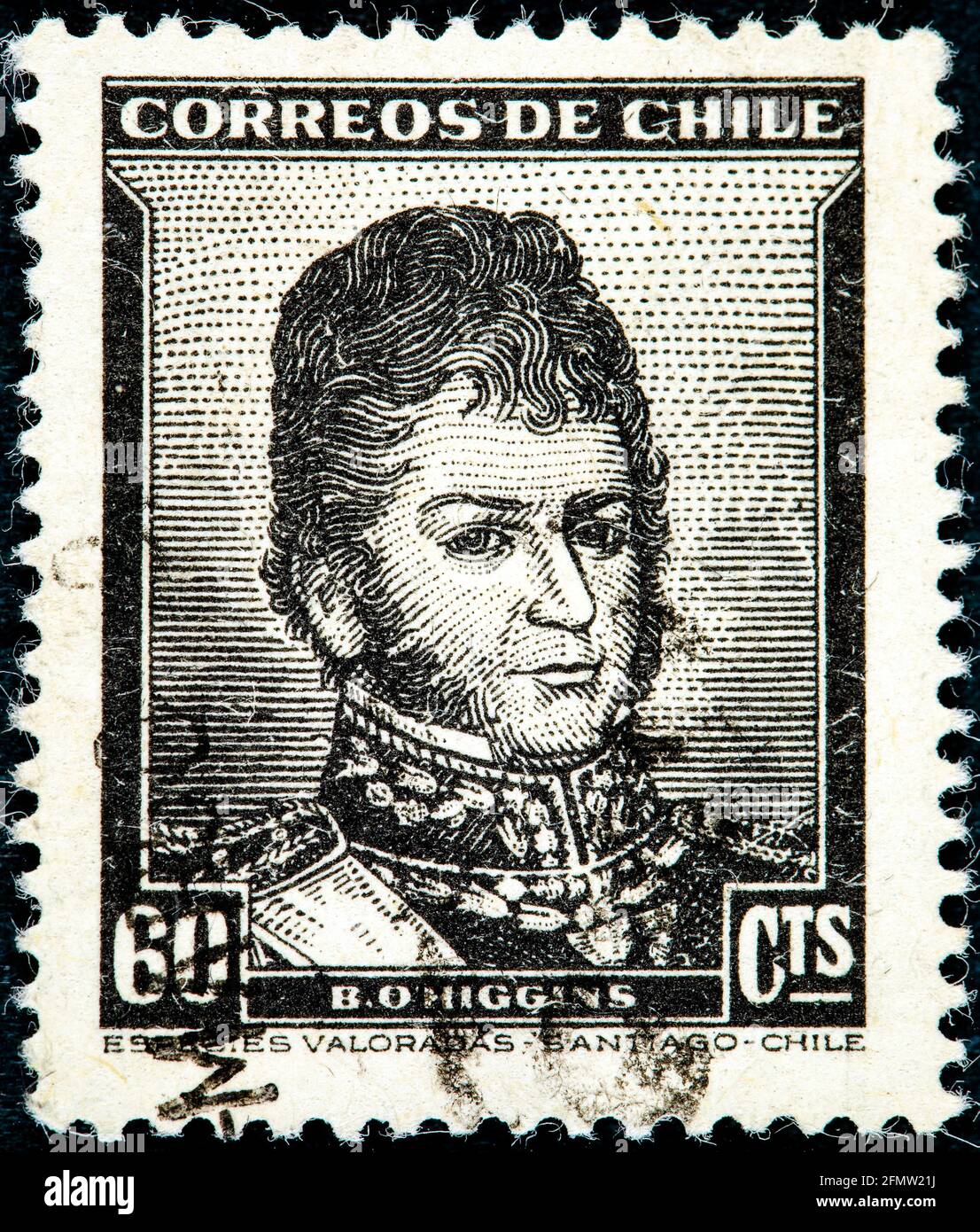 CHILE - CIRCA 1940s: A stamp printed in Chile shows image of Bernardo O'Higgins, the Chilean general, series, circa 1940s Stock Photo