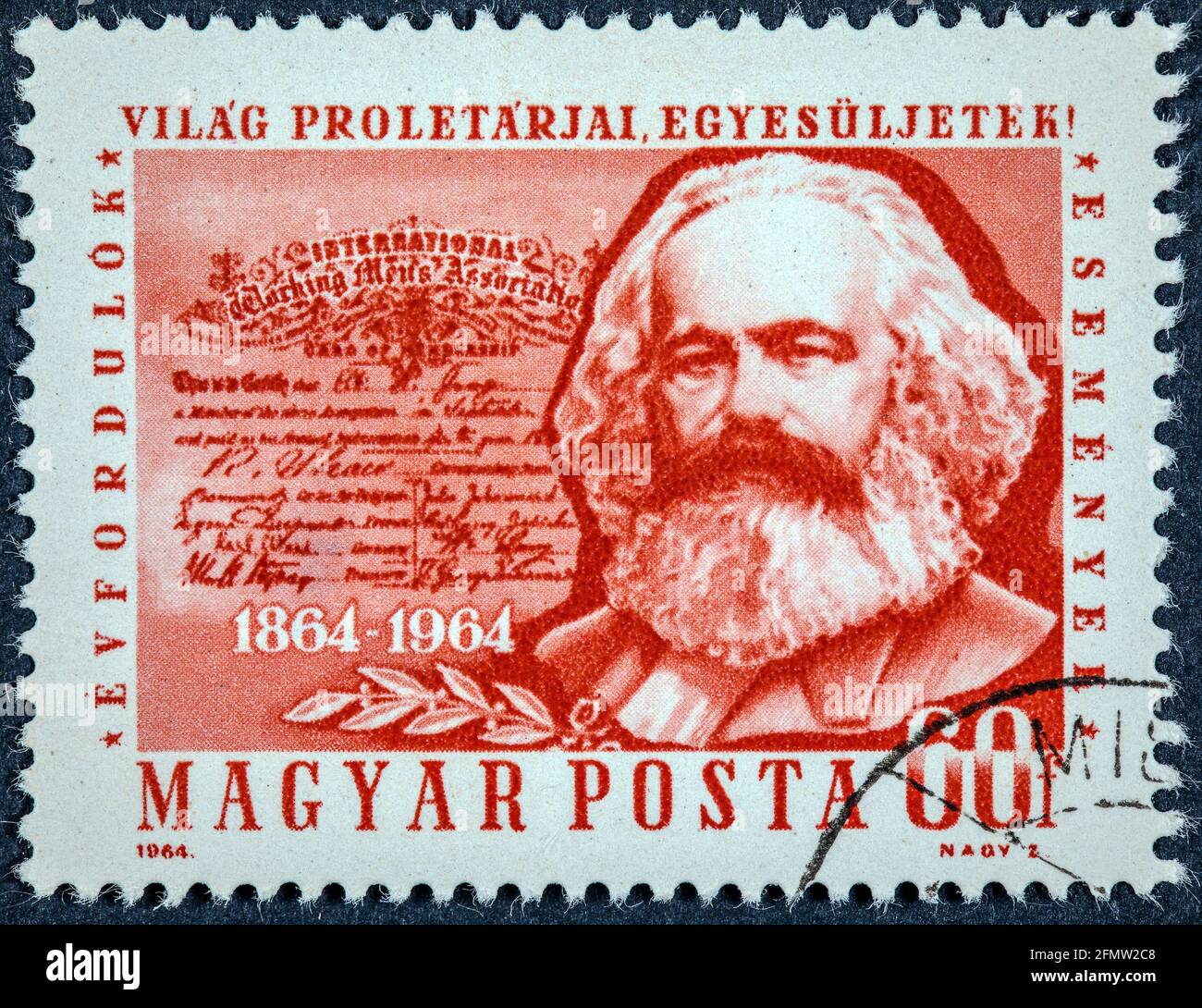 HUNGARY - CIRCA 1964: A stamp printed in Hungary from the '100th Anniversary of the First International ' issue shows Karl Marx Stock Photo
