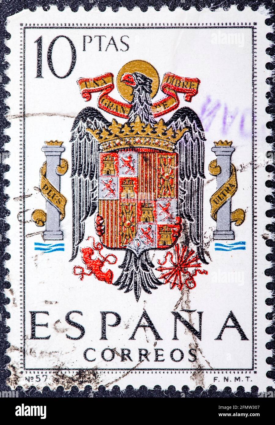 SPAIN - CIRCA 1965: A stamp printed in Spain shows shield of Spain during the Franco dictatorship, circa 1965. Stock Photo