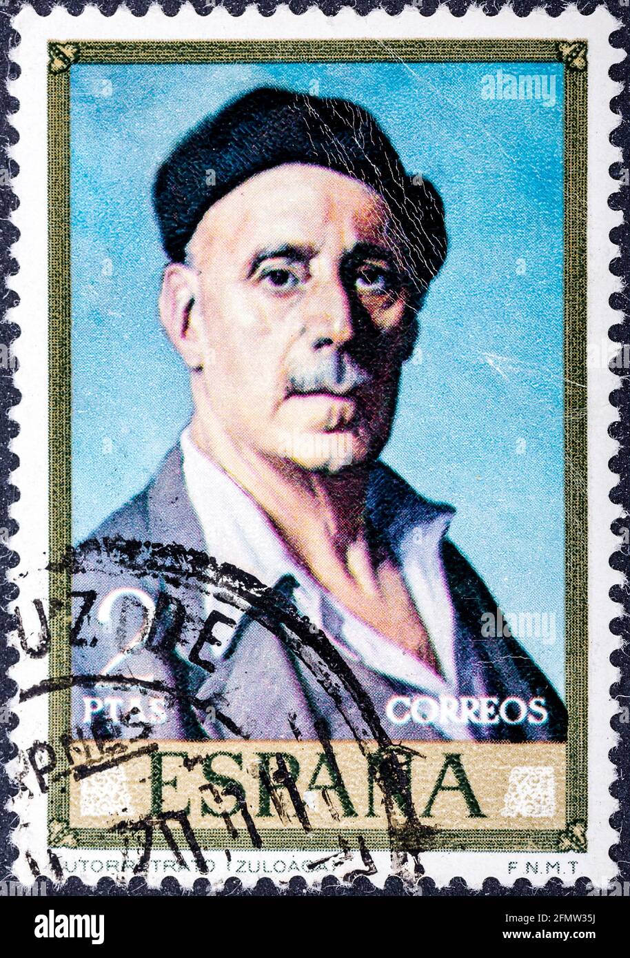 SPAIN - CIRCA 1971: A stamp printed in Spain shows self-portrait of Ignacio Zuloaga, circa 1971 Stock Photo