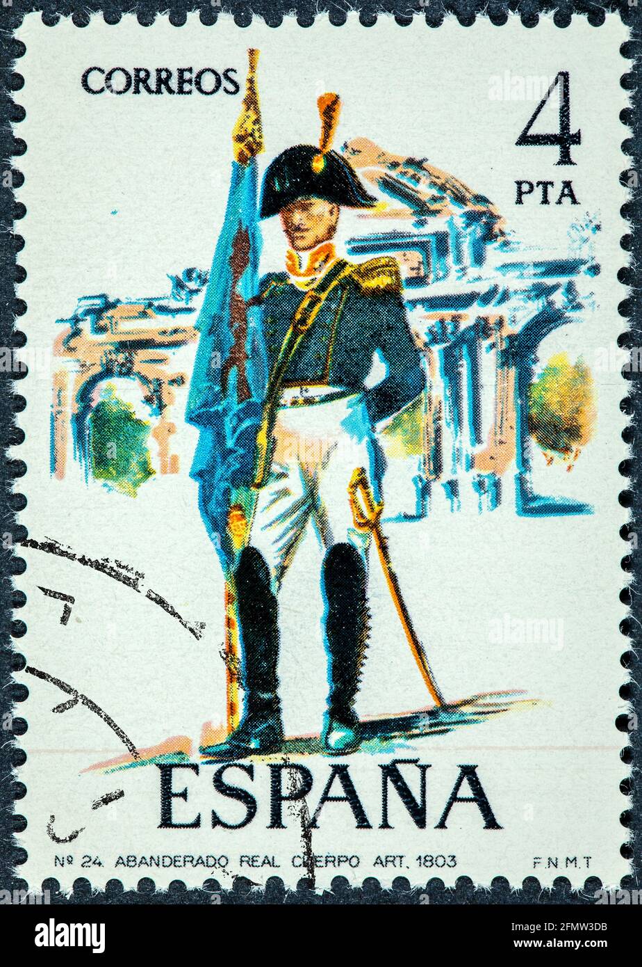 SPAIN - CIRCA 1974: A stamp printed in Spain shows  Royal standard-bearer artillery body 1803 Stock Photo