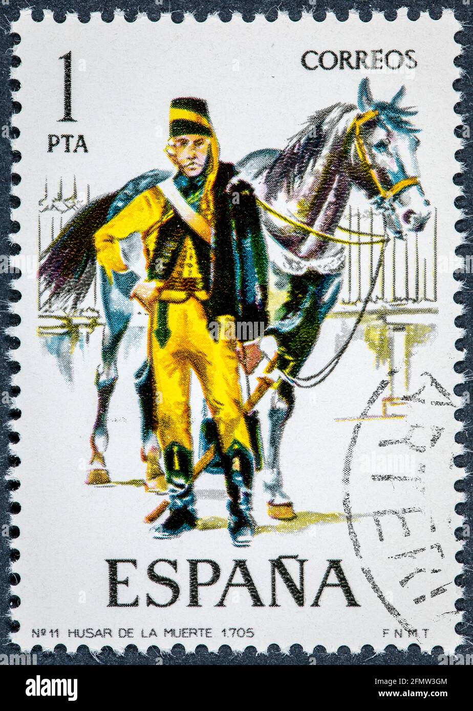 SPAIN - CIRCA 1974: A stamp printed in Spain shows Husar of Death 1702 Stock Photo