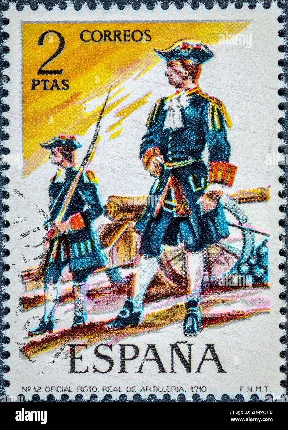 SPAIN - CIRCA 1974: A stamp printed in Spain shows official royal artillery regiment 1710 Stock Photo