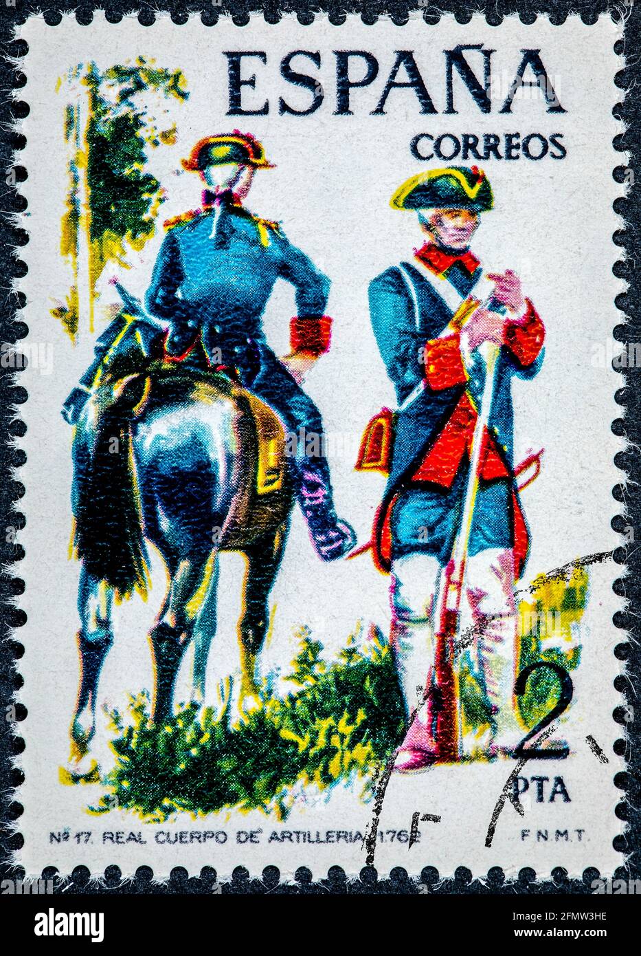 SPAIN - CIRCA 1975: A stamp printed in Spain show Royal body of artillery 1762 Stock Photo
