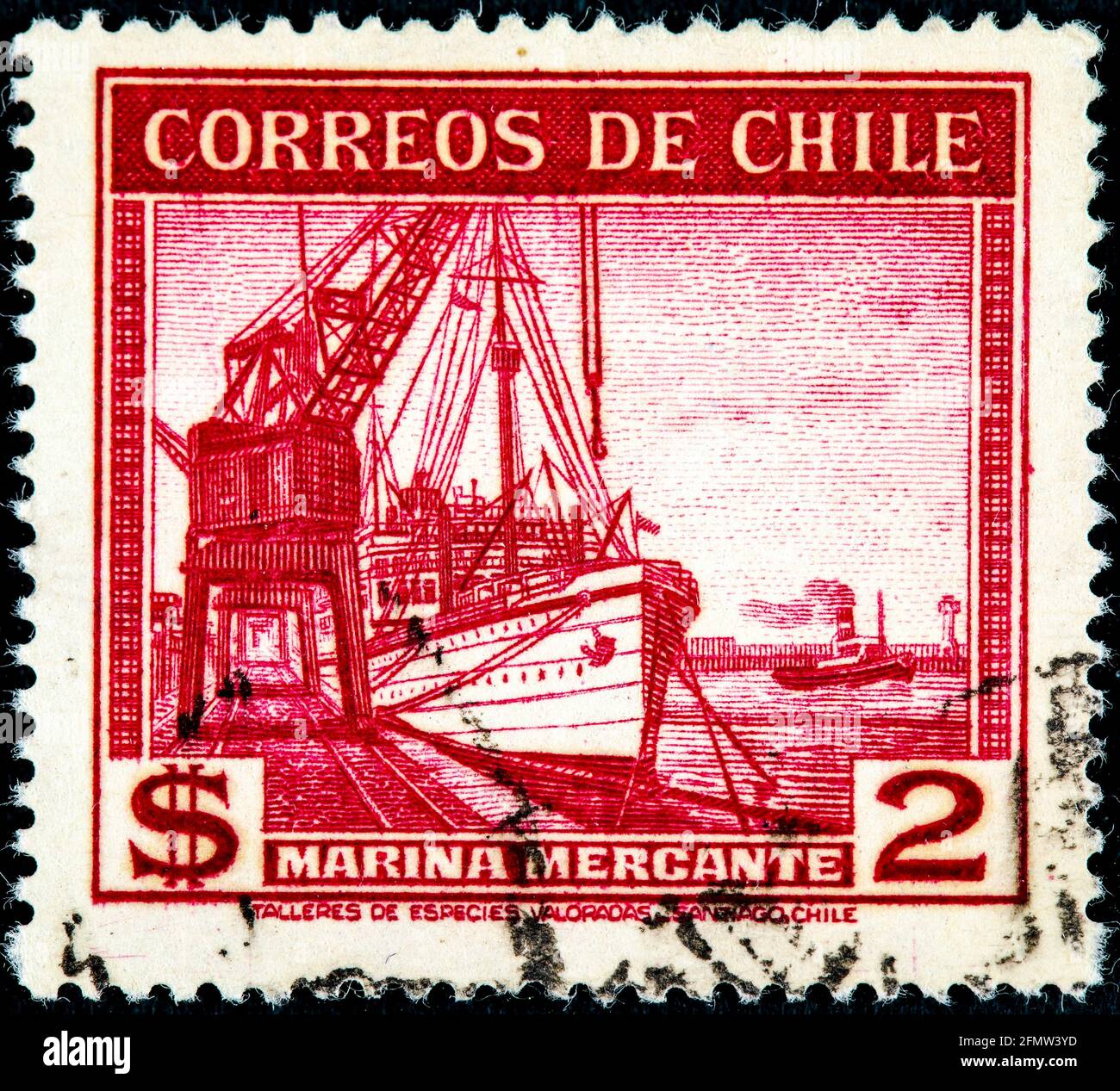 Chile, CIRCA 1936 A stamp printed in Chile shows sailing ship merchant