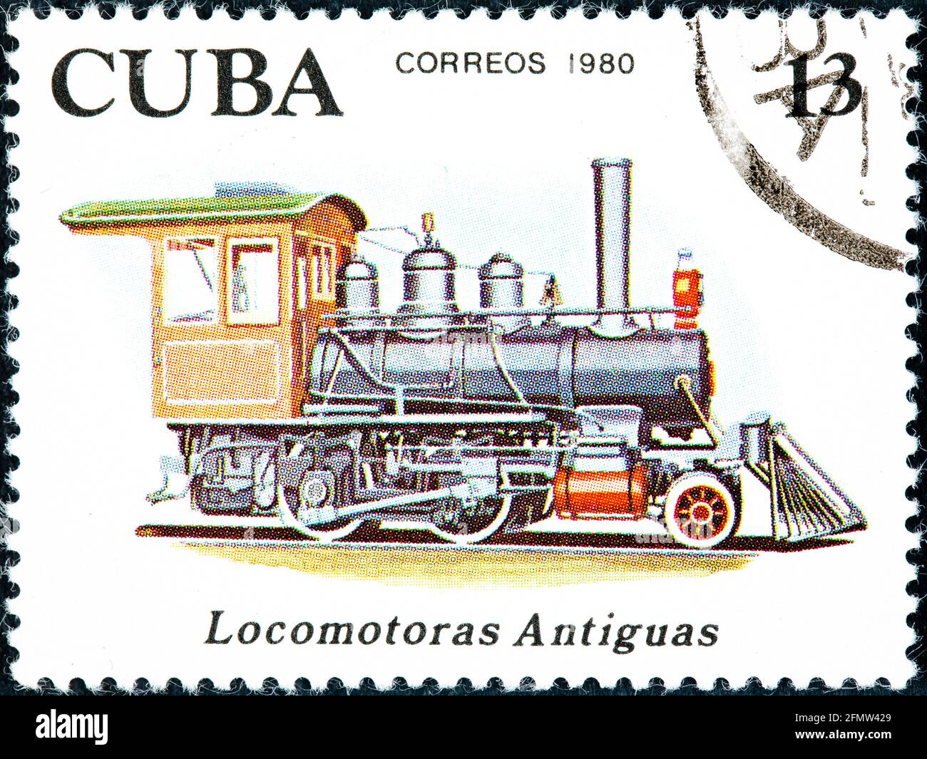 Cuba - Circa 1980: Canceled postage stamp printed by Cuba, shows series dedicated to old locomotives, circa 1975 Stock Photo