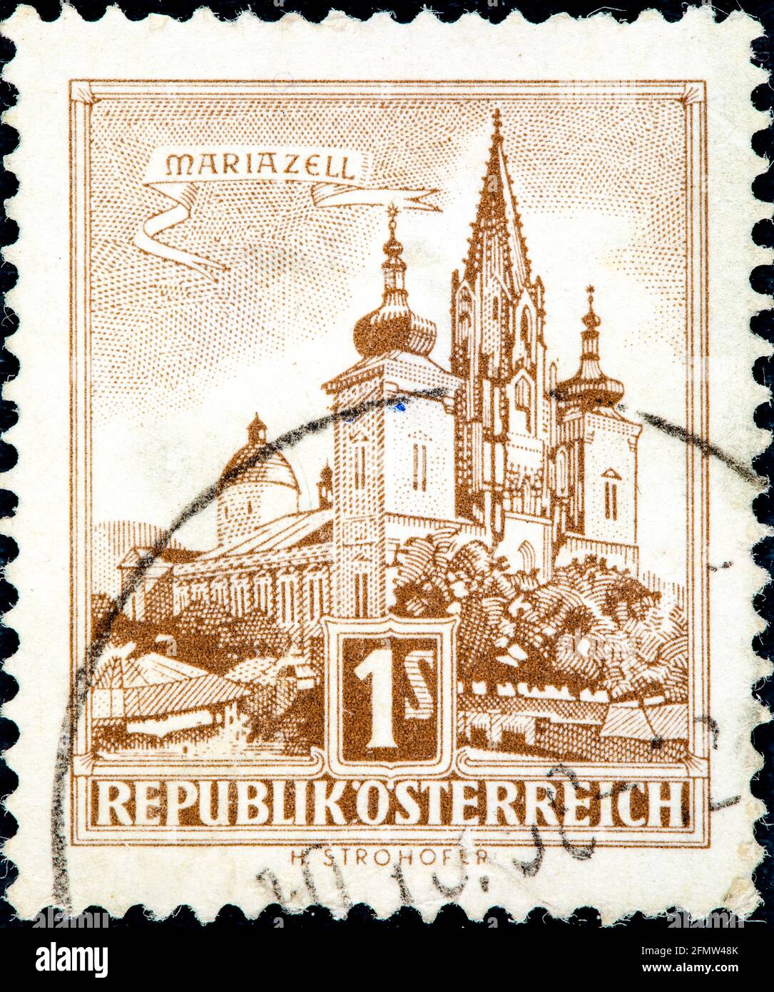 AUSTRIA - CIRCA 1957: A stamp printed in Austria shows catholic church Mariazell (Basilica of Birth of Virgin Mary) series "Buildings" circa 1957 Stock Photo