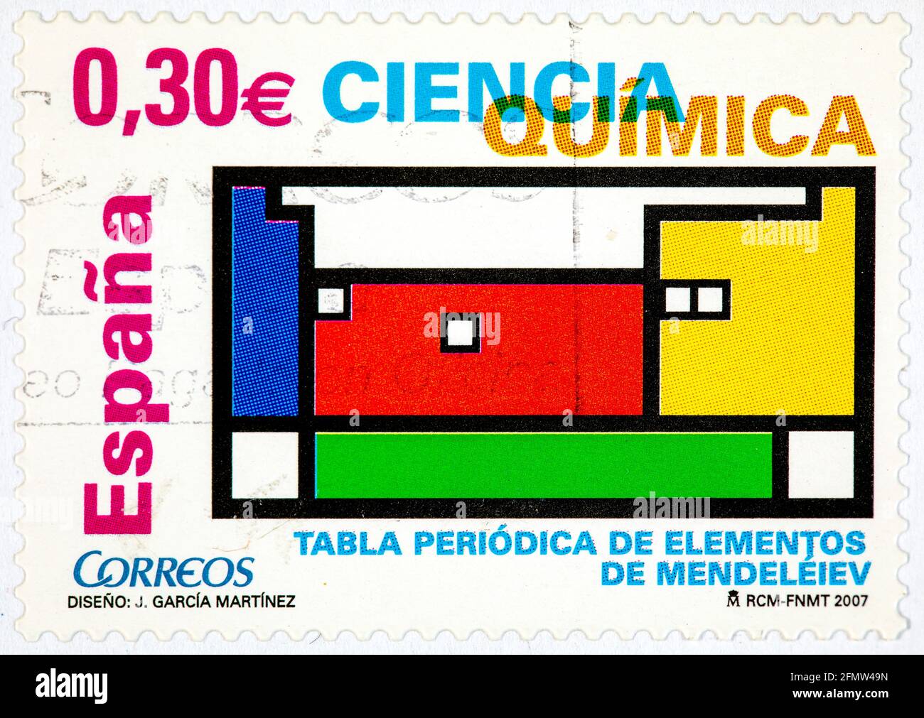 SPAIN - CIRCA 2007: a stamp printed in Spain shows Mendeleev's periodic table of chemical elements, circa 2007 Stock Photo