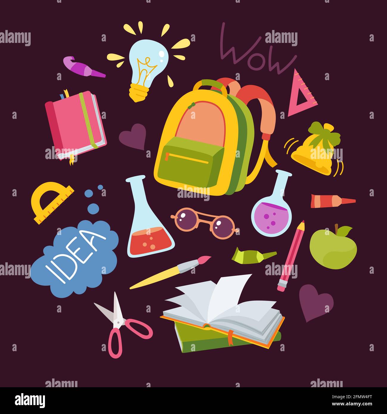 Back to School hand drawn cartoon set. Learning school colorful flat collection. First day school, chemistry education icon kit. Sketchbook, scissors, laptop, glasses and book backpack, paints vector Stock Vector