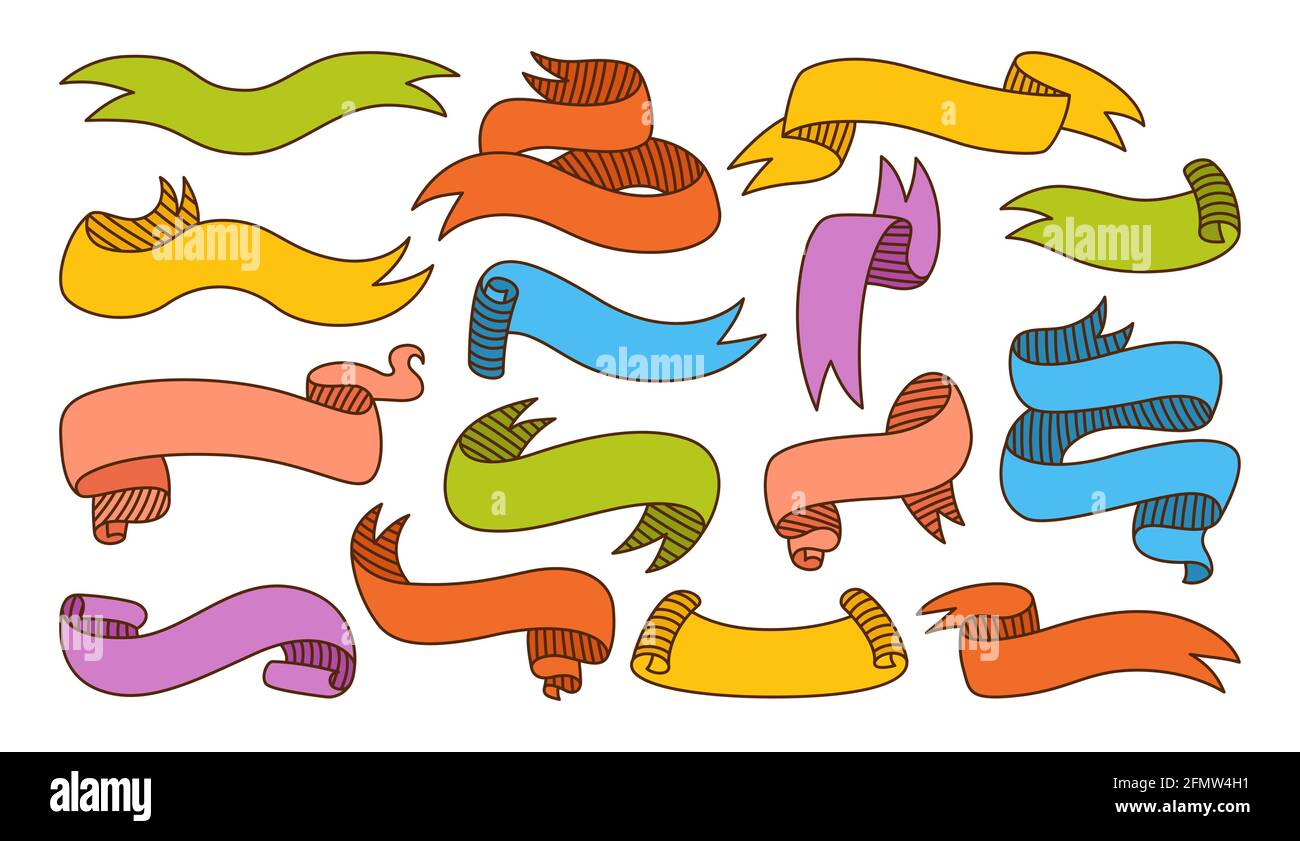 Ribbon colorful sketch cartoon set. Tape blank linear collection ...