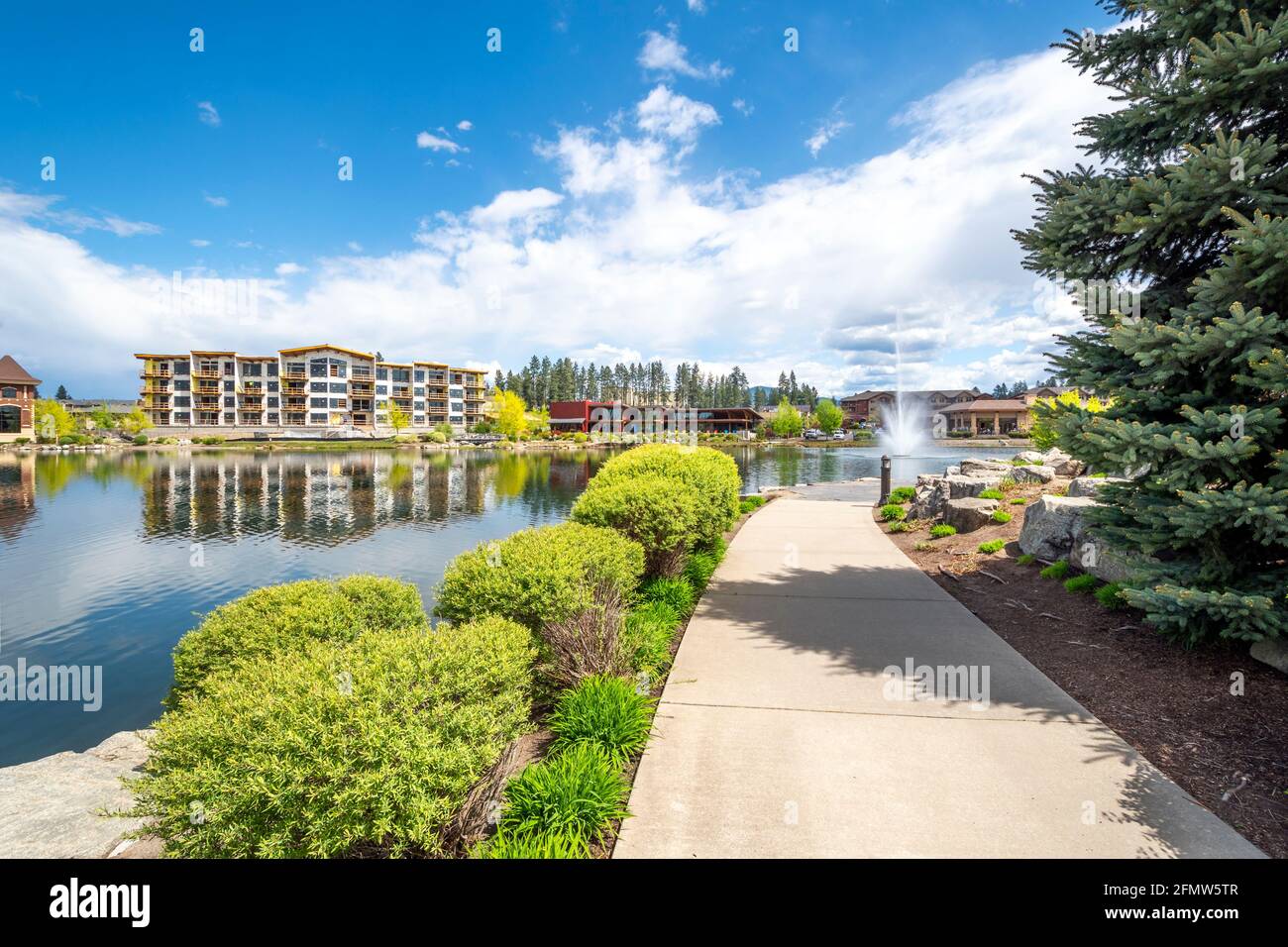 Riverstone public park in Coeur d'Alene, Idaho, USA, with restaurants