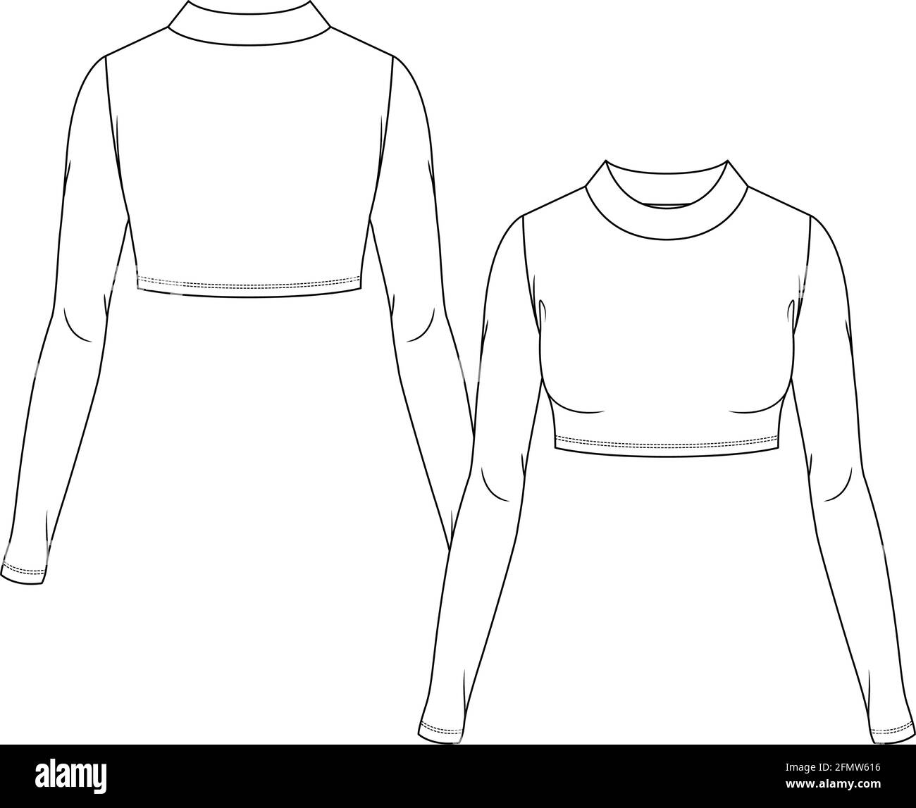Women Mock Neck Crop Top fashion flat sketch template. Girls Technical Fashion Illustration. Long Sleeves. stretch knit Stock Vector