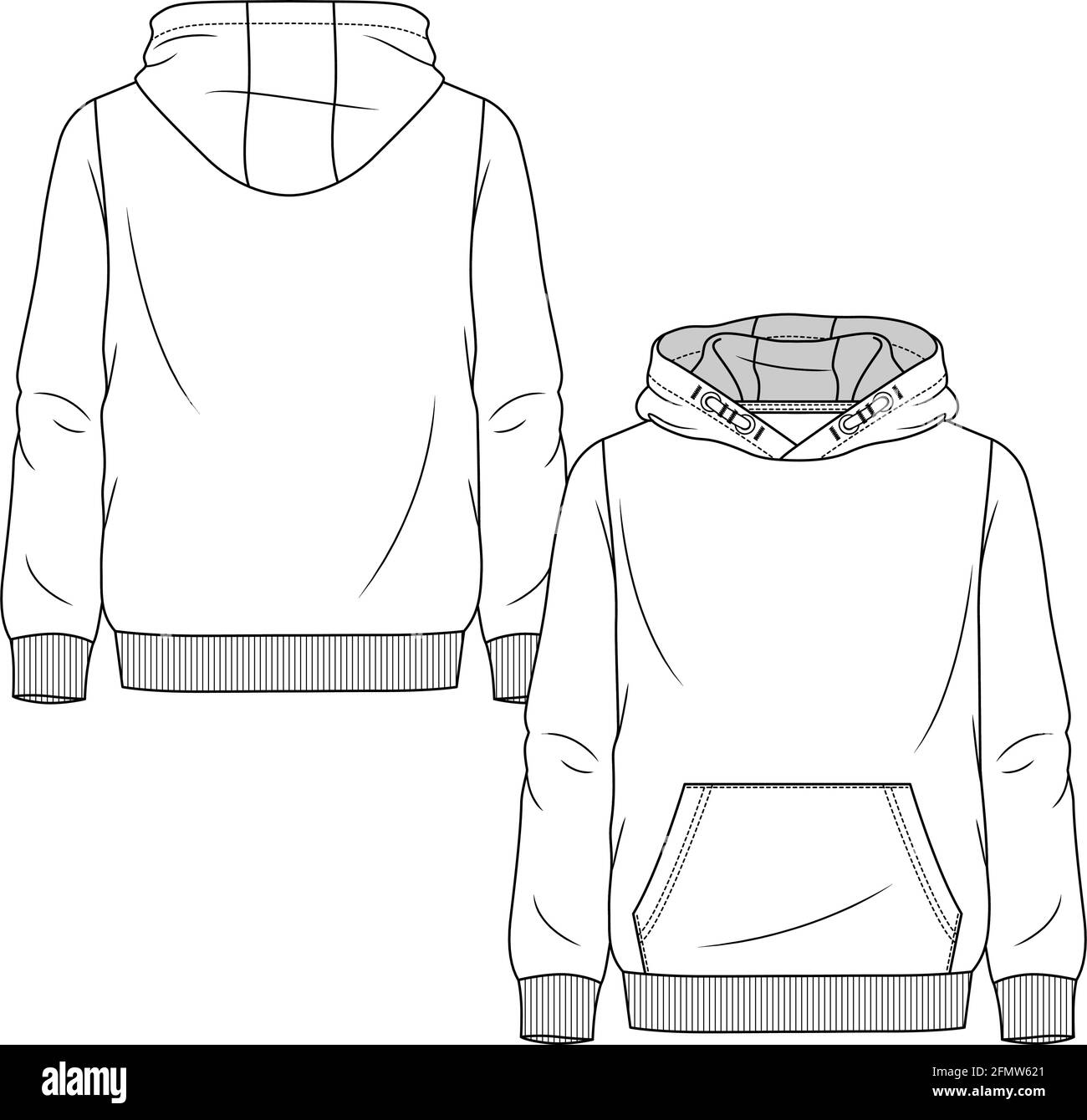 Boys Sweatshirt Hoodie fashion flat sketch template. Young men popover top Technical Fashion Illustration. Stock Vector