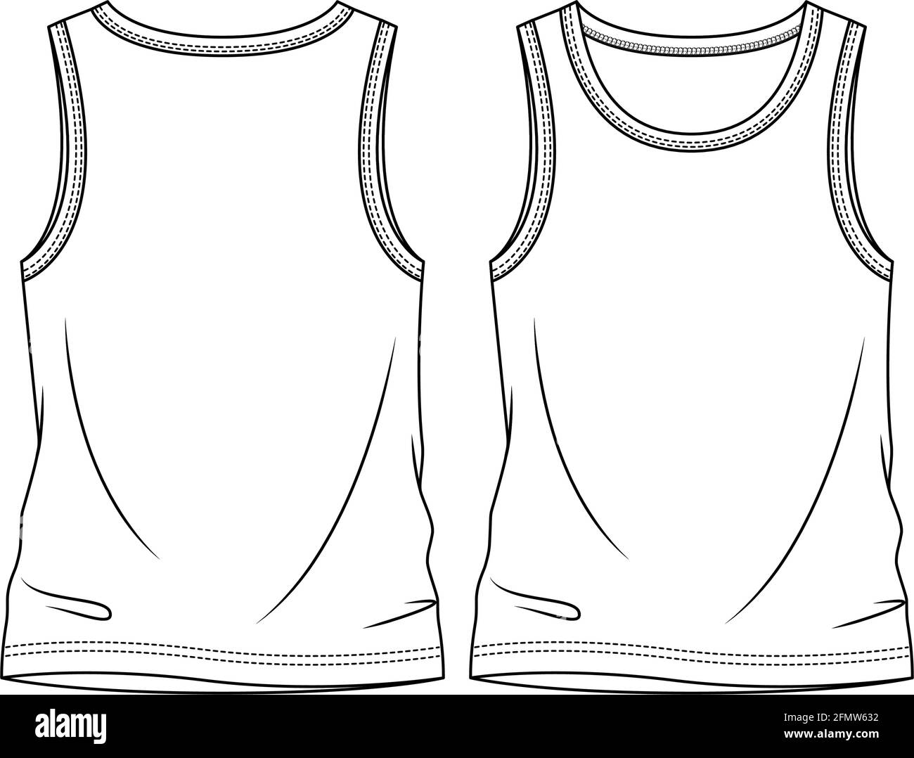 Boys Tank Top fashion flat sketch template. Young Men Sleeveless top Technical Fashion Illustration. Binding Detail at neck and armholes Stock Vector