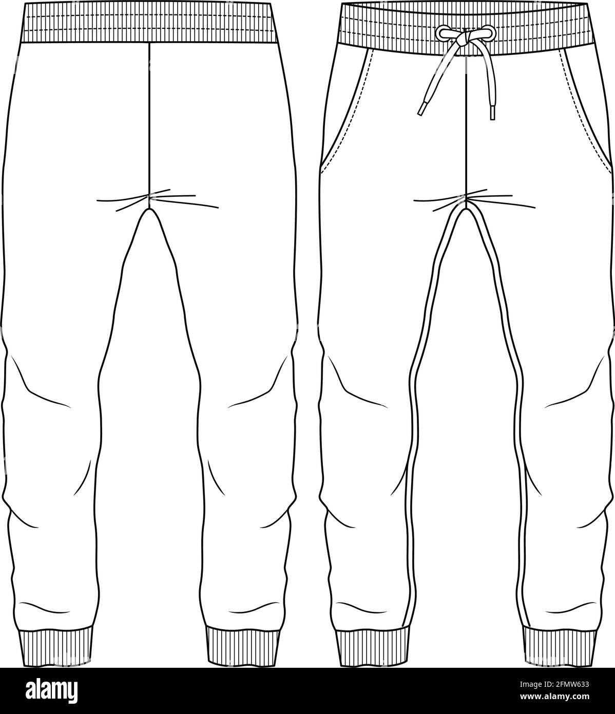 Pajama pants technical fashion illustration with elastic low waist, rise,  full length, drawstrings, pockets. Flat trousers apparel template front,  back, white grey color. Women men unisex CAD mockup Stock Vector Image &