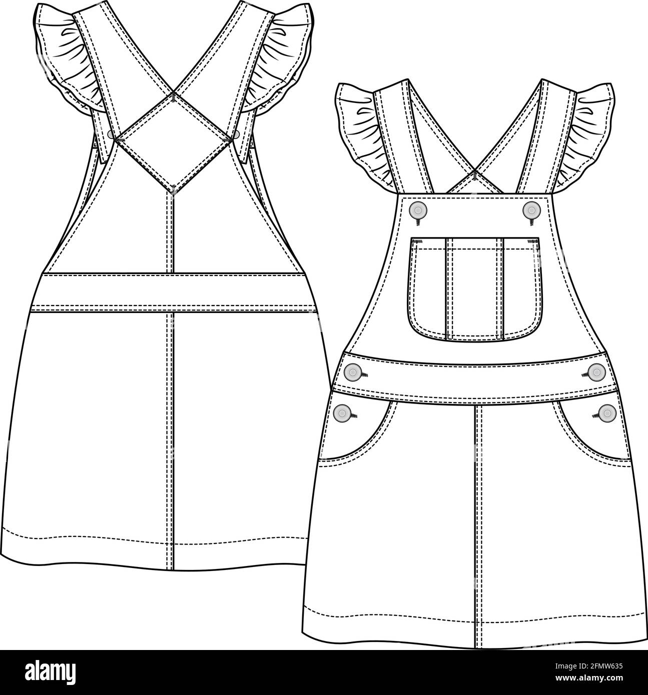 Baby Girls Pinafore fashion flat sketch template. Kids Jumper Dress Technical Fashion Illustration. Frill detail at straps. Front pocket Stock Vector
