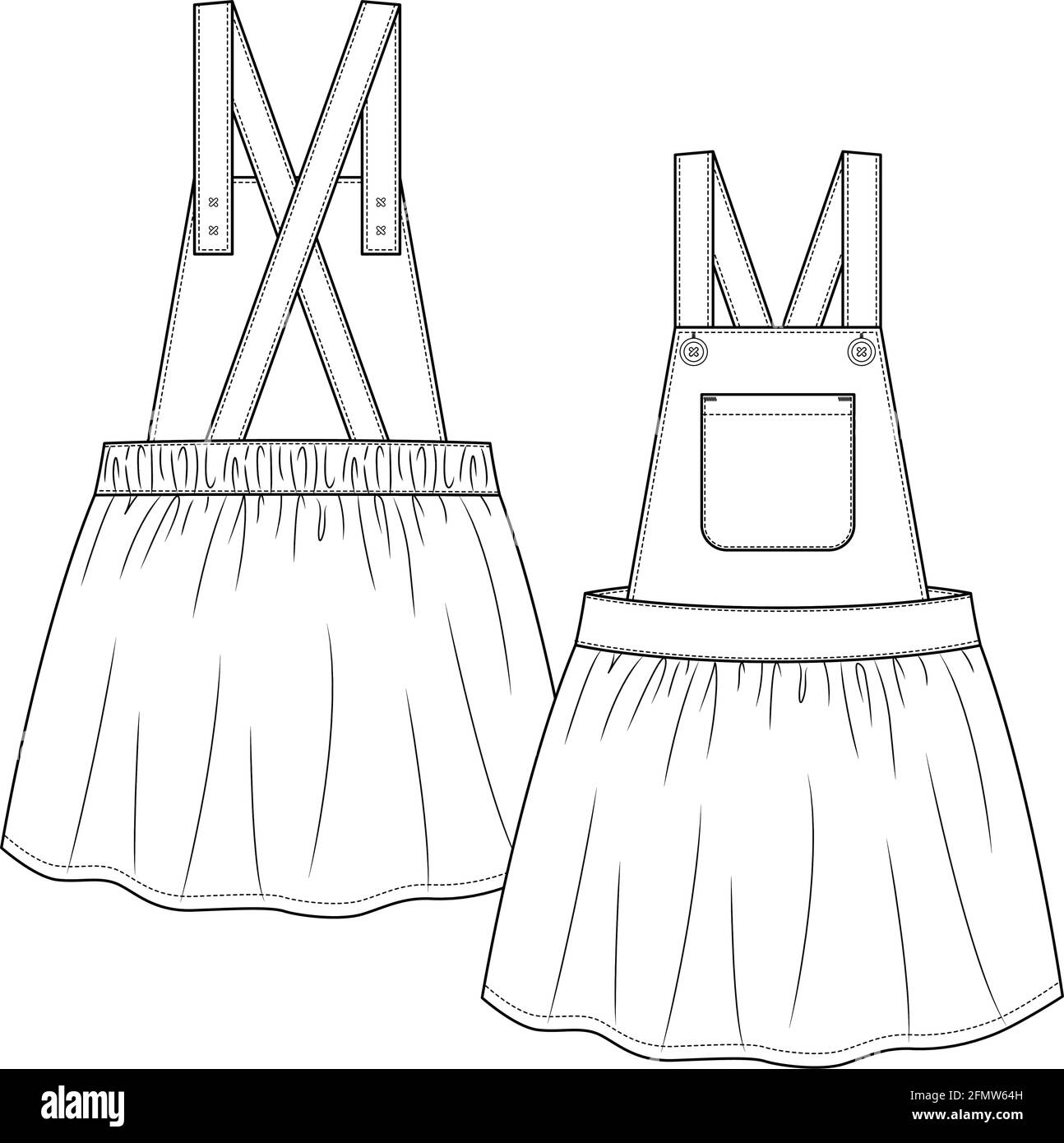Cute Baby Girls Pinafore fashion flat sketch template. Kids Jumper Dress Technical Fashion Illustration. Straps crossing over at back. Bib pocket Stock Vector