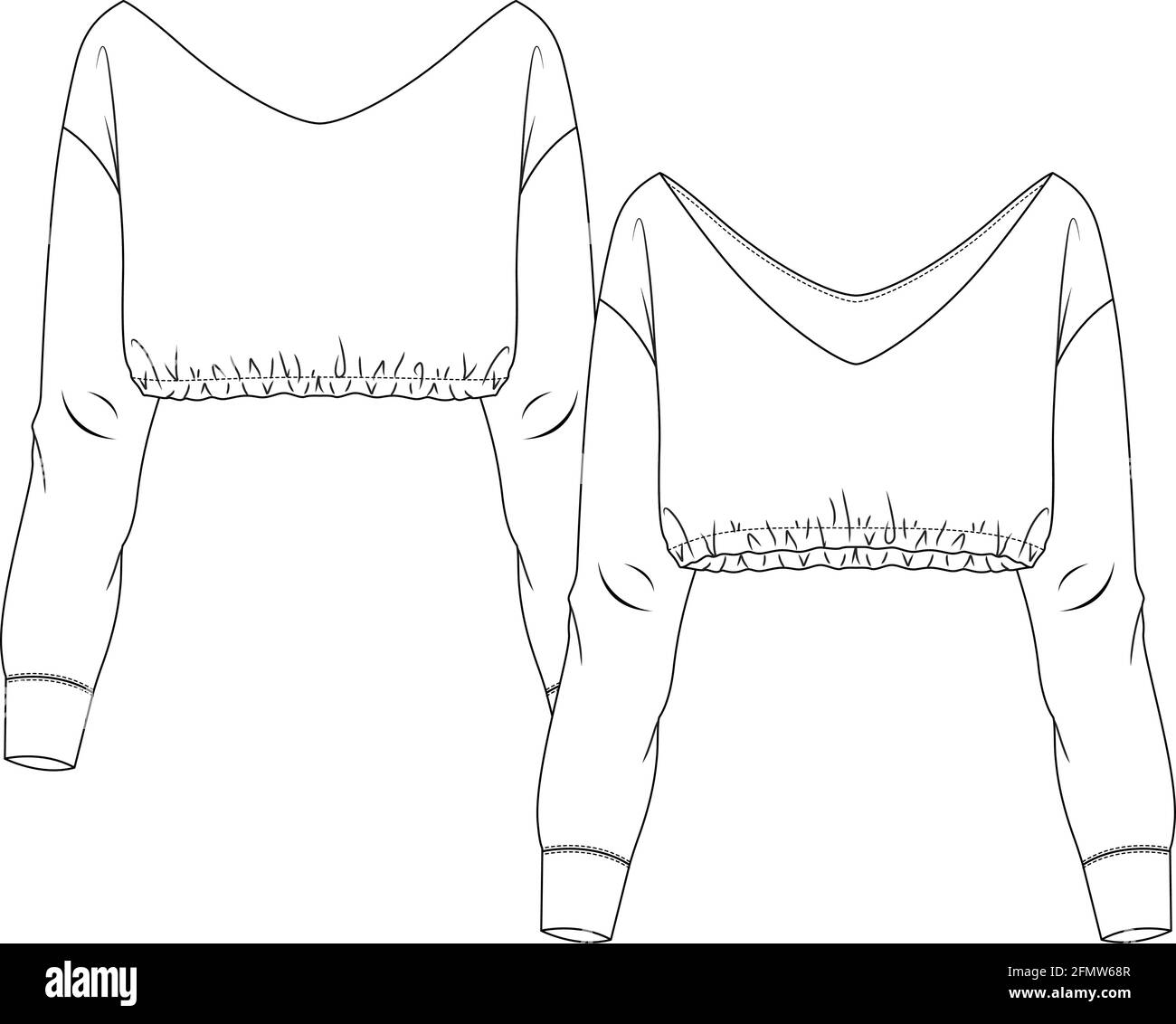 Women V-Neck Crop Sweatshirt fashion flat sketch template. Girls Technical Fashion Illustration. Wide Off-Shoulder neck opening. Elastic hem Stock Vector