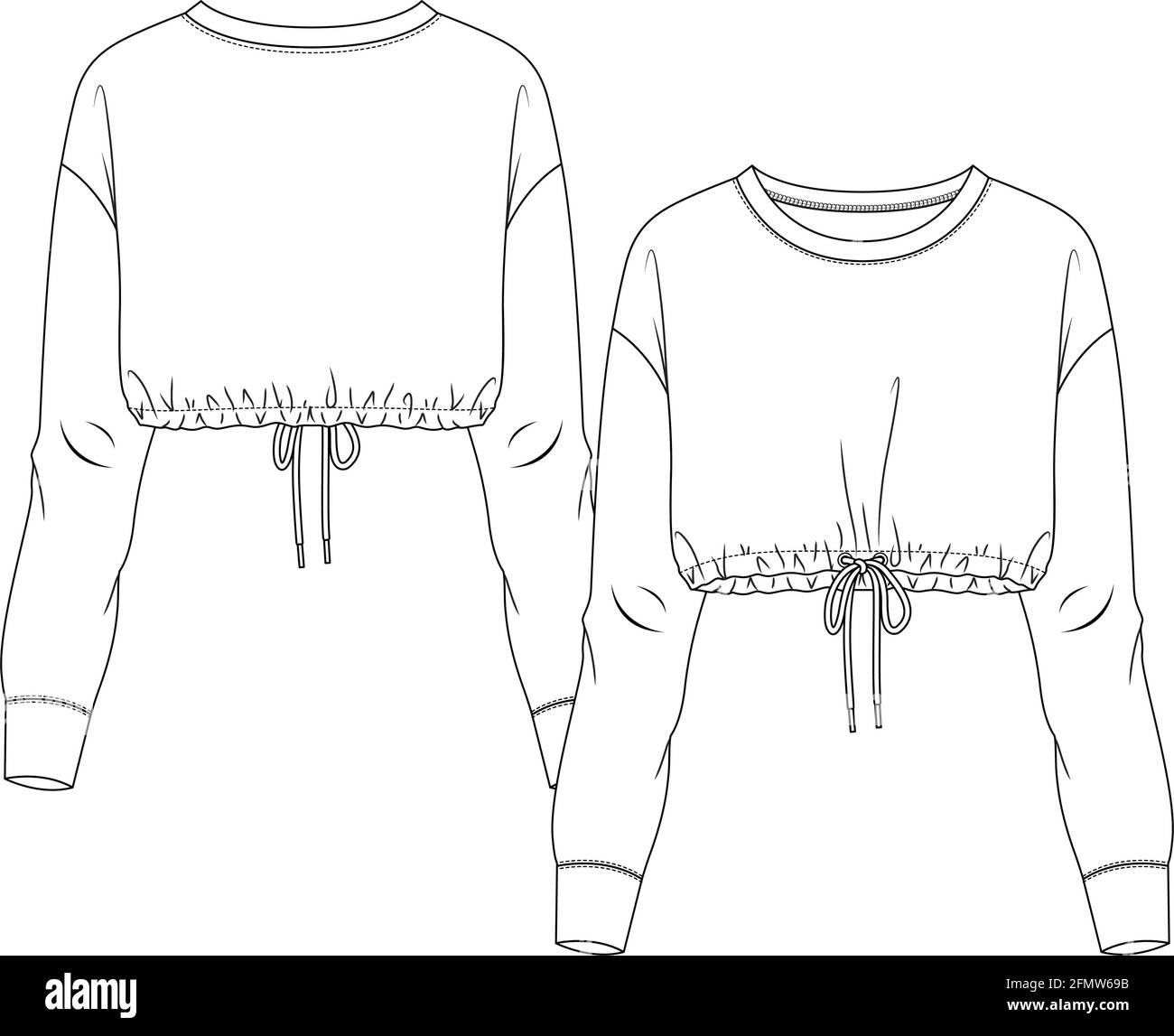 Women Long Sleeves Crop Sweatshirt fashion flat sketch template. Girls Technical Fashion Illustration. Crew Neck with drawcord at hem Stock Vector